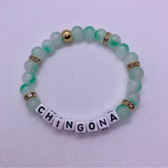 Chingona Green & Gold Beaded Letter Bracelet Set of 3 - Picture 4 of 5